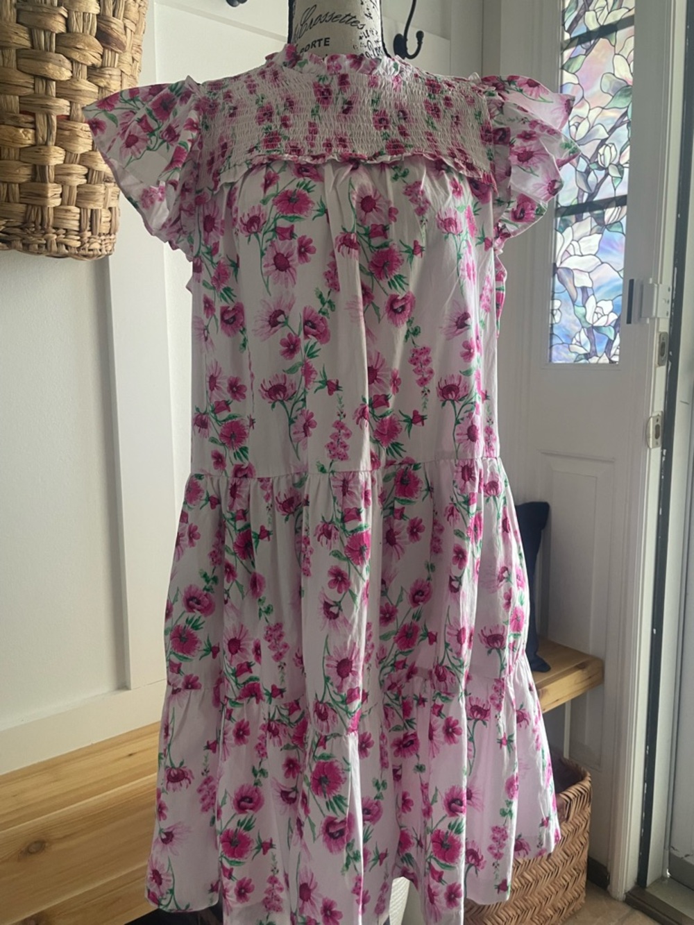 crown & ivy White Dress with Pink Floral Print
